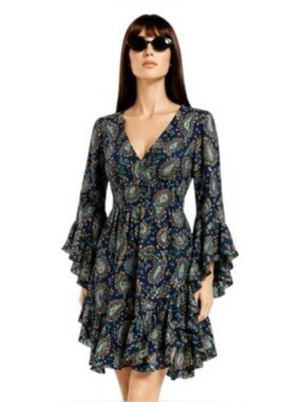 Betsey Johnson Bambi Style Dress Navy Blue Paisley Print Bell Sleeve Size 2 NWT